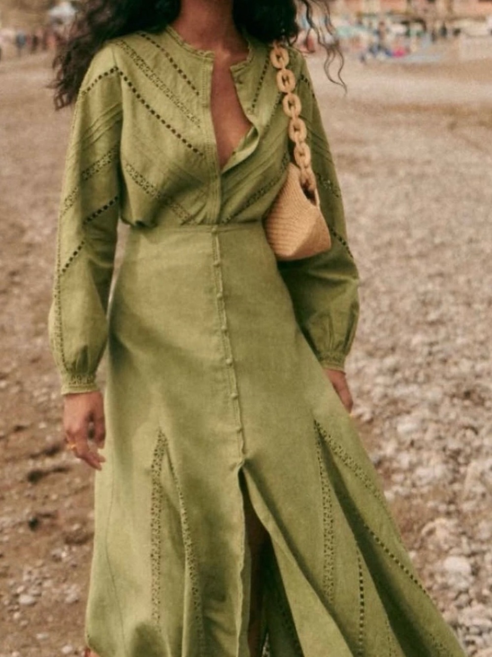 Sezane Olive Green Long Sleeve Eyelet Top